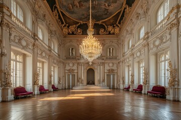 Grand Ballroom with Crystal Chandelier and Red Velvet Couches