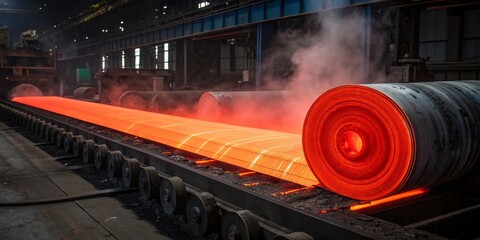 Hot steel rolls emerge from furnace during steel manufacturing process in an industrial facility