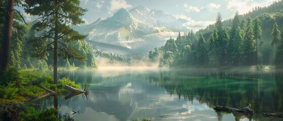 Naklejka premium Morning view of a lake in the mountains with fog, perfect for designing nature promotional materials, creating backgrounds for meditation apps and illustrations for travel articles.