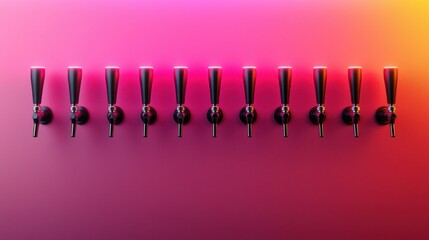 A row of sleek beer taps against a colorful gradient background, highlighting a modern bar ambiance.