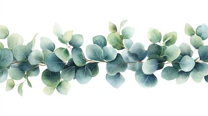 A watercolor illustration of eucalyptus leaves arranged in a flowing pattern.