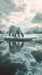 Fototapeta premium The artistic depiction of a polar bear on an ice floe reflecting in the water symbolizes the fragility of nature and climate change, useful for environmental and conservation projects.