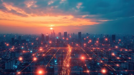 AI-powered smart city concept, with interconnected data points visualizing urban optimization in real time