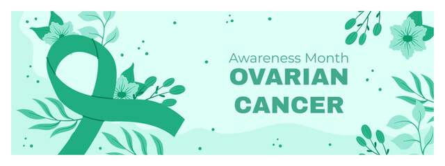 Obraz premium Ovarian Cancer Awareness Month Banner with Teal Ribbon, Floral Decorations, and Nature-Themed Background Highlighting Health and Prevention