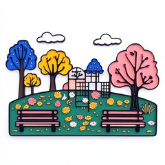 Naklejka premium Colorful illustration of a serene park scene with trees, flowers, and benches on a bright decorative landscape