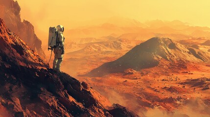 Astronaut standing on Mars, in spacesuit with oxygen pack, exploring the red terrain under hazy orange sky. Symbolizes space exploration and discovery.