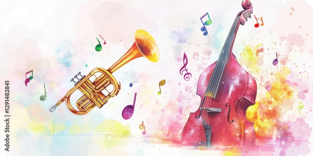 Poster a vibrant and colorful illustration capturing the essence of music with instruments and notes in per