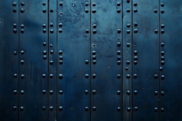 A close-up of a dark blue metal wall with perforations, showcasing a grunge texture. The industrial-style design features dark blue and black tones, creating a minimalistic, concrete-like background.