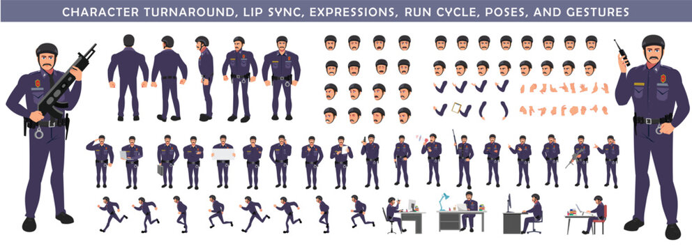 
Police Officer Character Design Model Sheet. Man, Character design. Front, side, back view and explainer animation poses. Character set with lip sync and Walk cycle animation sequences.
