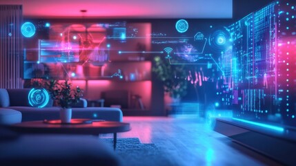 AI-powered virtual assistants, futuristic digital connection, holographic smart home automation,