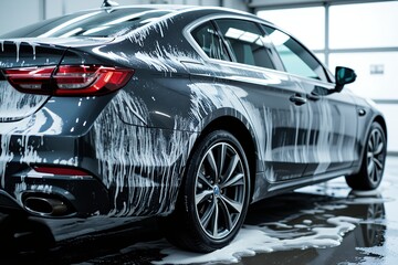 Luxury Car Covered in Car Wash Foam Detailing Service Automotive Cleaning