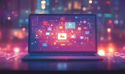 Fototapeta premium A digital illustration of cloud computing with icons and data, on top of an open laptop computer screen The background is blurred to emphasize the iconography, featuring symbols,