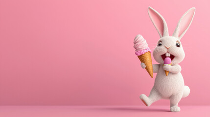 Easter Ice cream. Cute bunny holding an ice cream cone on a pink background.