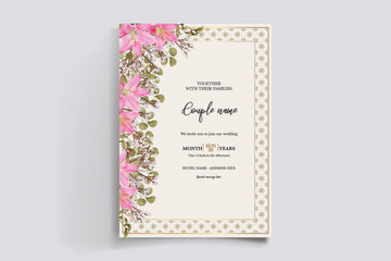 WEDDING INVITATION FRAME WITH FLOWER DECORATIONS AND FRESH LEAVES