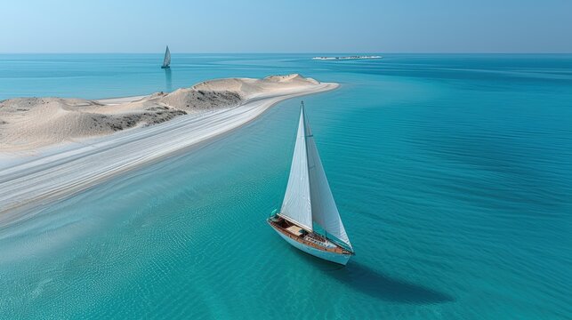 A serene sailing scene in clear turquoise waters, with distant islands and sandy shores in view