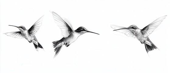 Three vibrant hummingbirds in mid-flight showcasing their intricate feathers and gracefulness in a natural setting