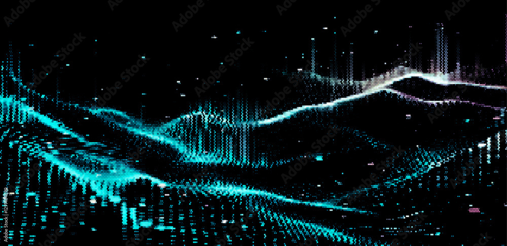 Poster vector illustration depicting a flowing wave pattern of blue dots against a dark background. it evok