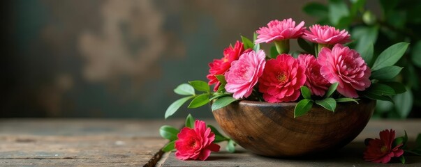 Carnations and foliage in a rustic wooden bowl, flowers, foliage