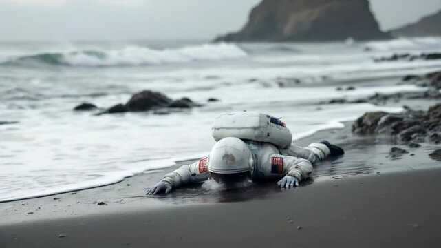 An astronaut in a bulky, white spacesuit with American flag patch, collapses face-down on a wet, rocky beach. Large waves and a rocky outcrop are visible in background. Overcast, stormy weather.
