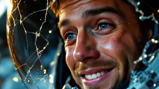 Close-up of a young Caucasian male astronaut's face, wearing a cracked and damaged helmet. Initially surprised, his expression shifts to a wide, relieved, almost manic smile. Dramatic lighting.
