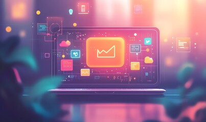 A digital illustration of cloud computing with icons and data, on top of an open laptop computer screen The background is blurred to emphasize the iconography, featuring symbols,


