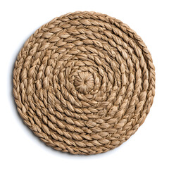 Obraz premium Round woven rattan placemat with a spiral pattern the placemat is a light brown color isolated on white