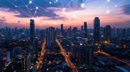 Fototapeta premium Connected Cityscape, A Nighttime Panorama of Urban Infrastructure and Digital Networks