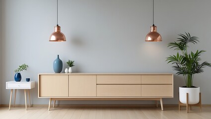 Modern Minimalist Living Room with Light Wood & Soft Blue Accents