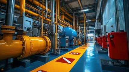 Inside an industrial facility with numerous pipelines and tanks