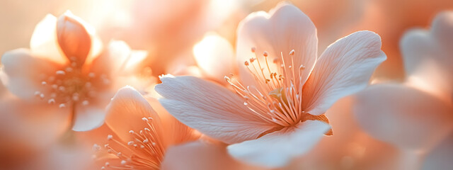 Close-up of delicate, pastel peach-pink and gold flowers, with warm light
