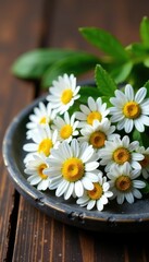 Obraz premium Chamomile flowers on a stone plate with rustic wooden background, botanical, earthy