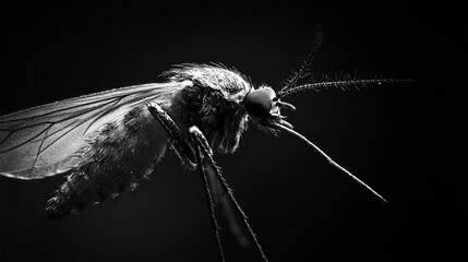 Insect action mosquito feeding indoor environment close-up view black and white concept