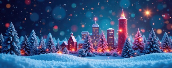 A festive and colorful Christmas skyline against a backdrop of swirling snowflakes, snow, holiday, colors