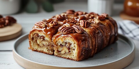Warm Maple Pecan Babka with Caramel Drizzle on Rustic Plate