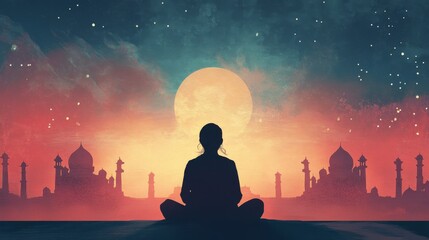 Serene silhouette of a person meditating against a vibrant sunset over a mystical cityscape