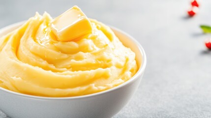 Creamy Mashed Potatoes Topped with Butter in a White Bowl