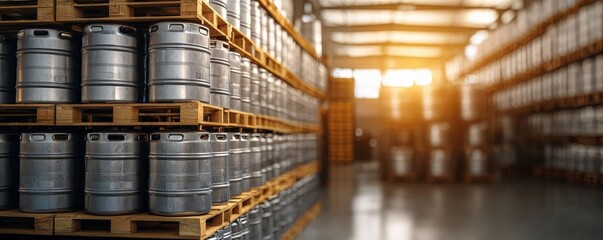 A warehouse filled with stacked kegs on pallets, illuminated by soft sunlight, showcasing an organized storage environment.