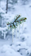 A single green pine branch with thick hanging icicles in the midst of snow-covered winter landscape, icicles, snowflakes, cold