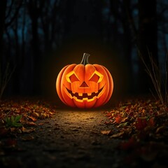 A single jack o lantern casting an eerie light on a path, fall, spooky