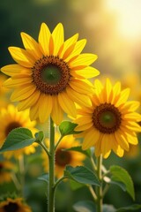 Obraz premium Close-up of multi-hued sunflowers in a sunlit meadow, texture, field