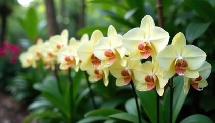 Fototapeta premium Dense row of mature vanilla orchids in a lush tropical garden, plant, garden, orchid
