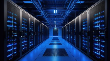 Fototapeta premium A futuristic data center with rows of illuminated blue server racks and advanced cabling in a secure environment. Perfect for cloud computing, cybersecurity, and IT infrastructure concepts