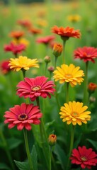Gerbera daisies in shades of red and yellow on a green grassy field, colorful, floral
