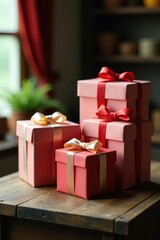 Obraz premium Gift boxes of different shapes and sizes on a rustic wooden table, gift box, table