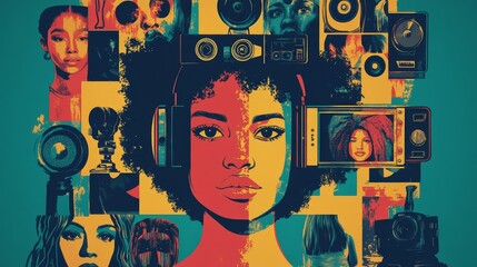 Vibrant collage of diverse portraits and photography equipment highlighting creativity and expression