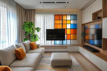 A modern minimalist interior design for a living room with sofa views. Generative AI
