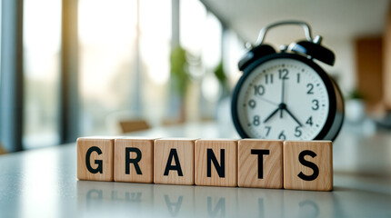 wooden blocks spelling out grants with alarm clock in background