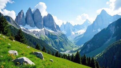 Fototapeta premium Glacial valley with towering peaks in the Italian Alps, rock formations, glaciers, valleys