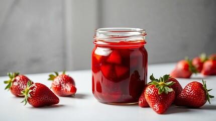  A visually appealing image depicting a jar of strawberry jam with plump, ripe strawberries cascading into it, sitting on a pristine white table