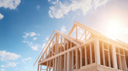 Naklejka premium Residential Home Construction: Blueprinting a Modern and Sustainable Frame under Clear Blue Skies